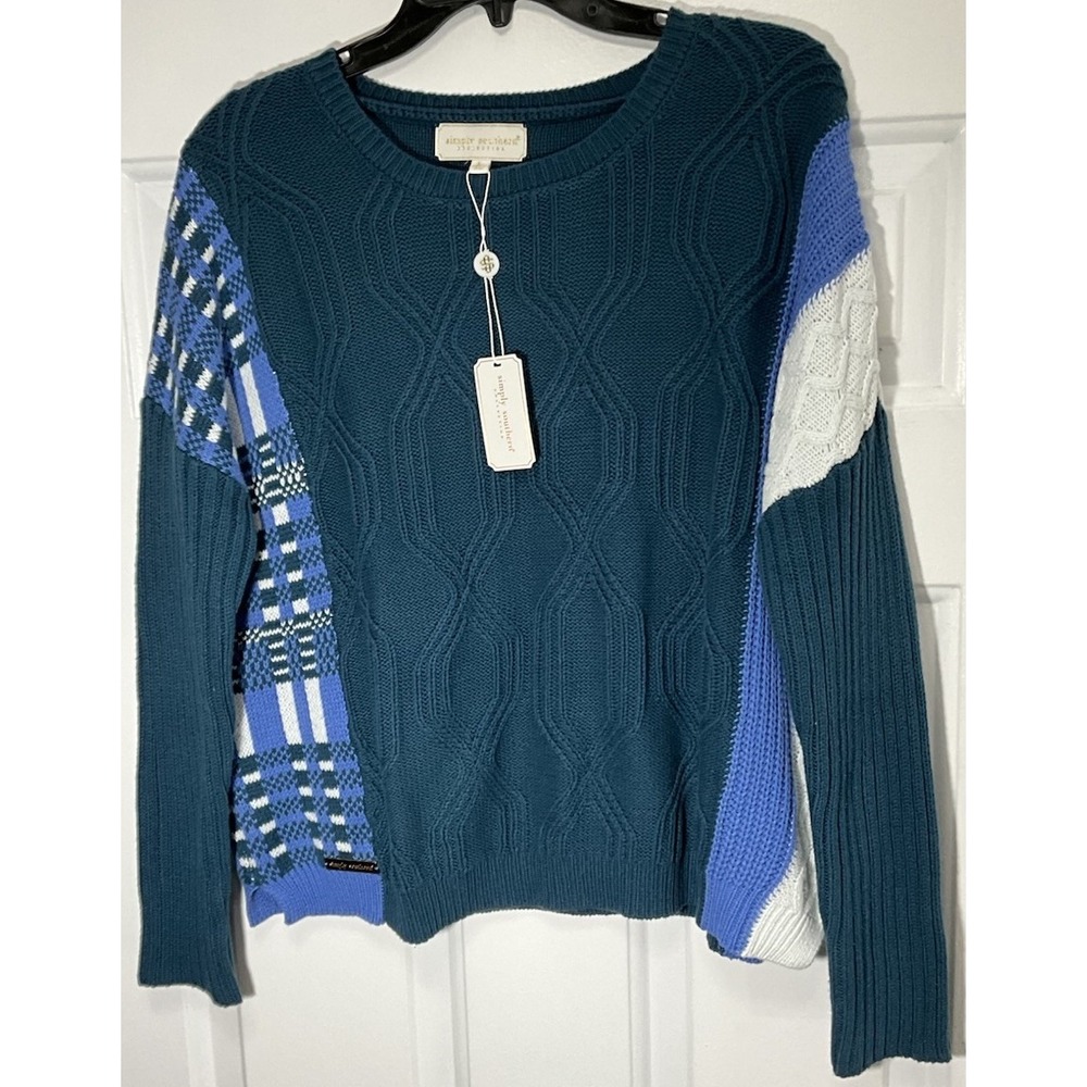 Simply Southern Teal/Blue/White Chunky Knit Checkered Sweater Women's Large